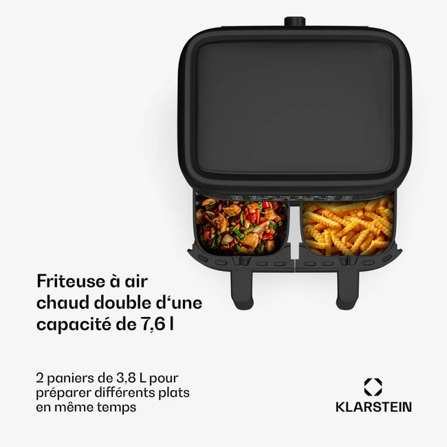 Friteuse à air chaud Klarstein, 2 compartiments , Airfryer XL 2850 W, 7,6  L, commande tactile, minuterie, 6 modes - Noir