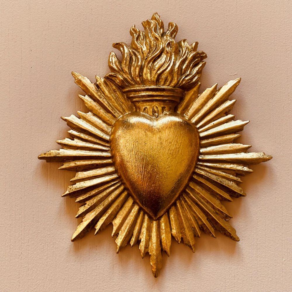 Suspension Ex-voto Cœur Et Anges - Métal Doré Cuivre, 21x16.5cm, Décoration Murale Symbolique Et Protectrice