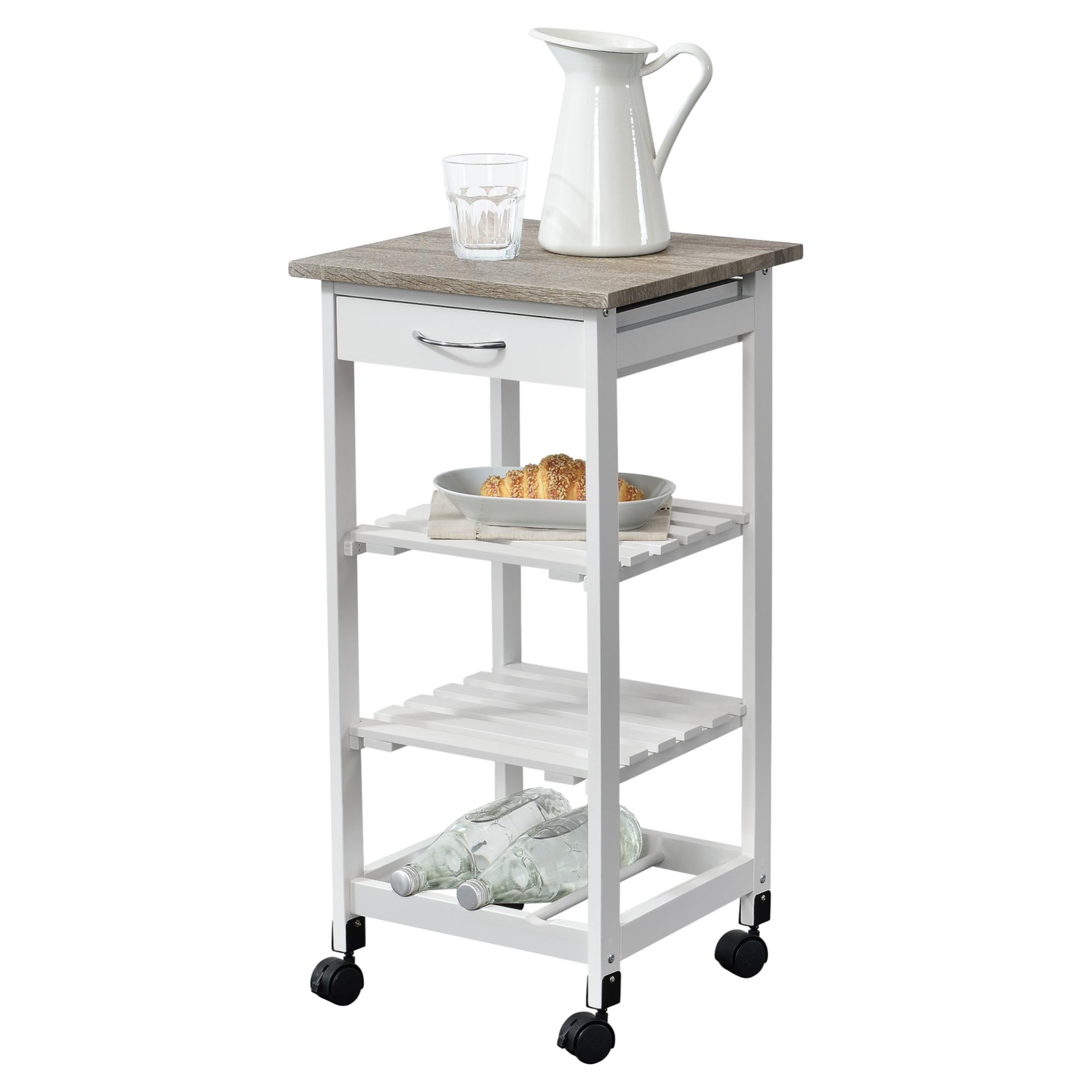 Convenience Concepts Ellaine – Carrello Da Cucina A 4 Ripiani Con Cassetto, Portabottiglie E Piano In Legno