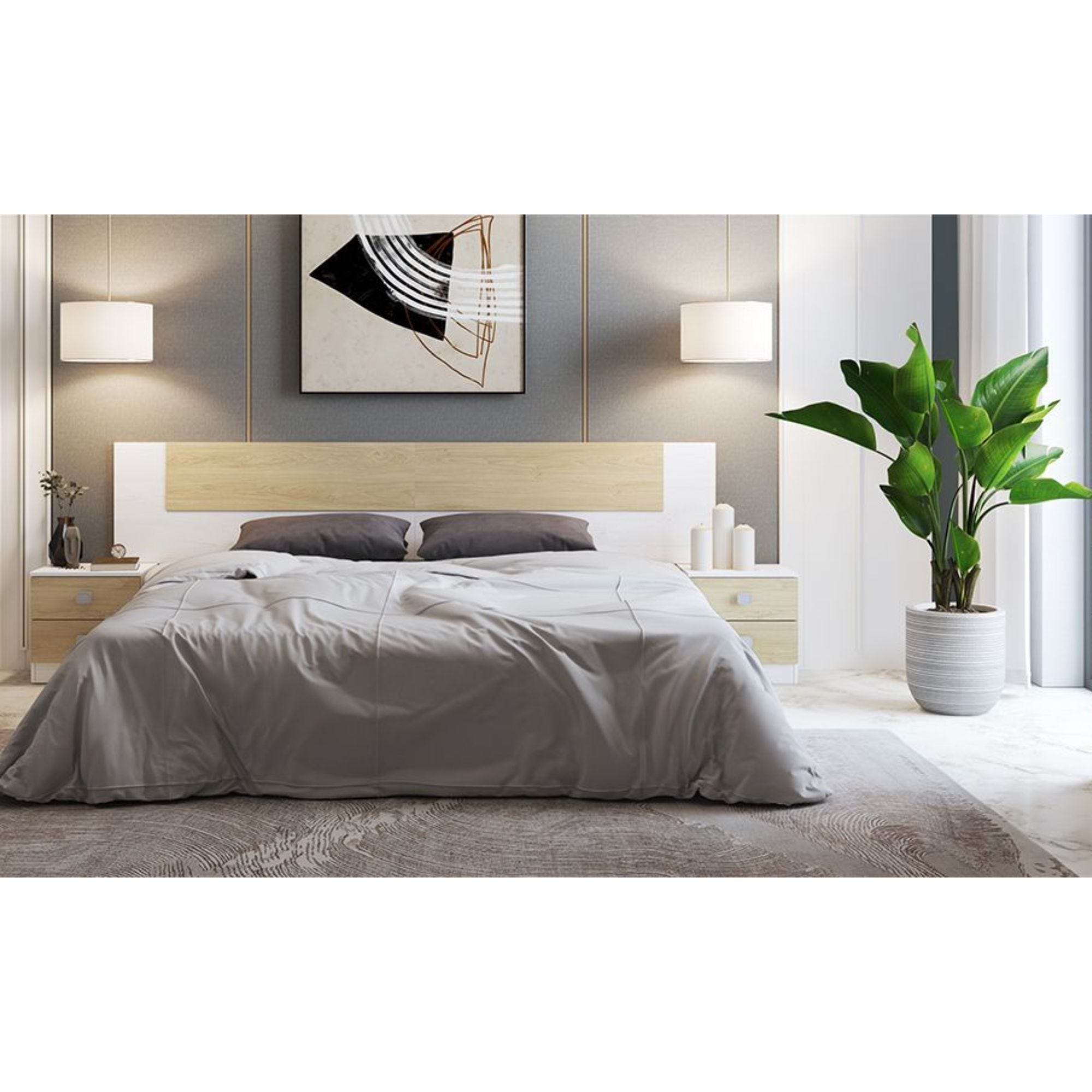 Cabecero de cama + mesillas Alaya blanco y roble 247x50,5x3  cm(anchoxaltoxfondo)