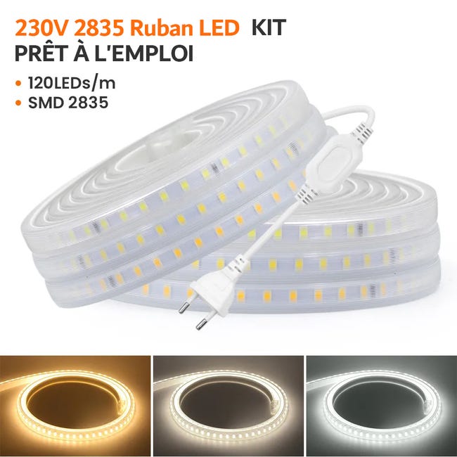 Ruban LED blanc chaud kit 220v complet de 1 à 50 mètres