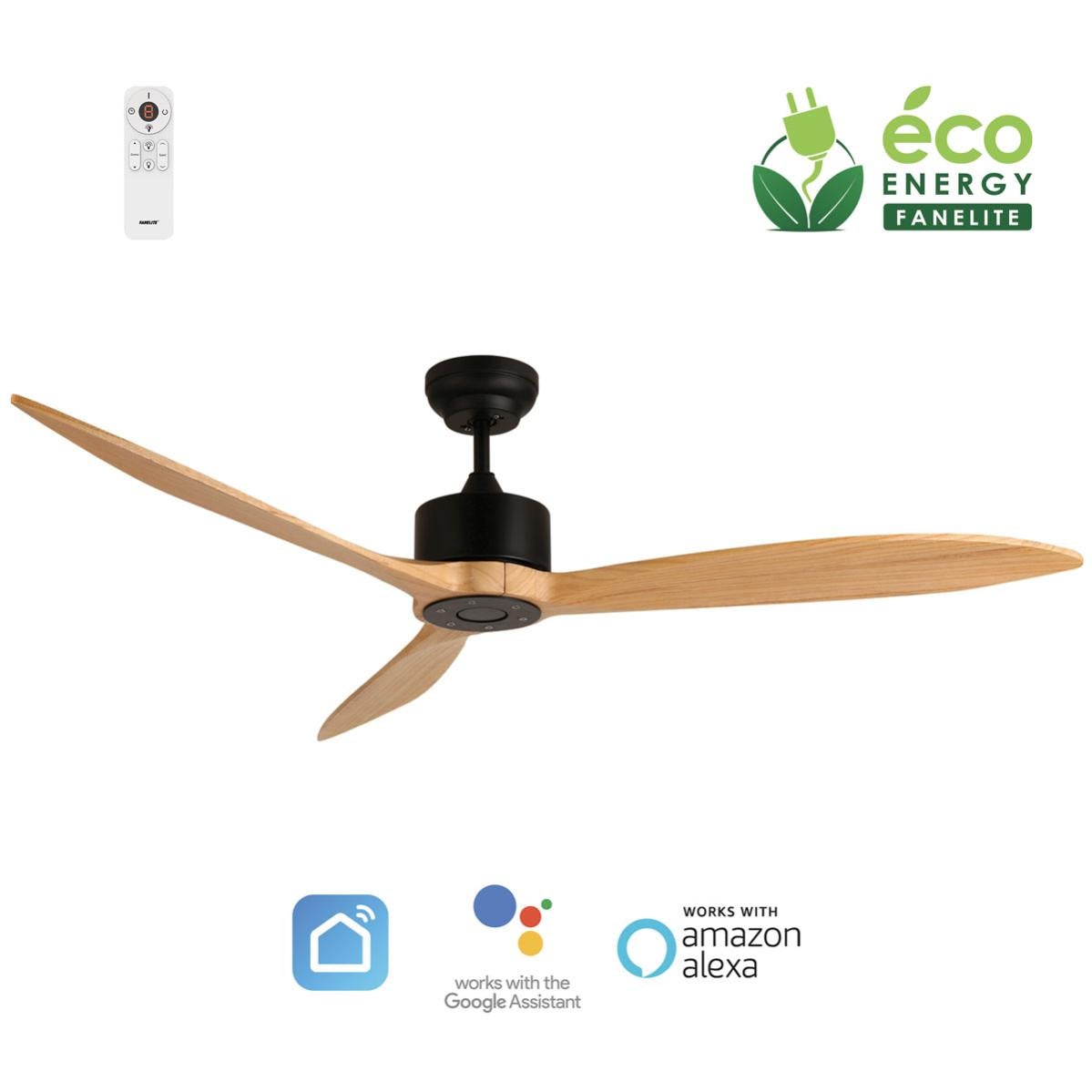 Fanelite - Brasseur d'air 132 cm gris DOMINICA - Moteur DC 30W - Lumière LED 20W dimmable 3 couleurs - Télécommande - Wifi - Contrôles vocaux - 4 pales - Très silencieux