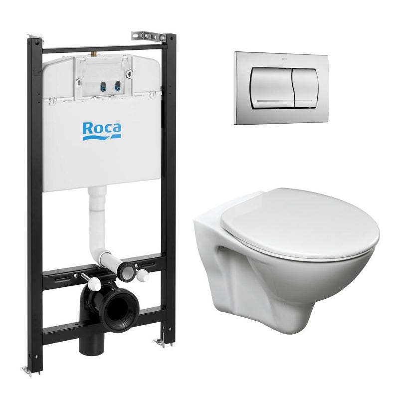Bastidor ROCA Active pack cisterna empotrada y pulsador PVC blanco brillo  con inodoro suspendido Rim-ex
