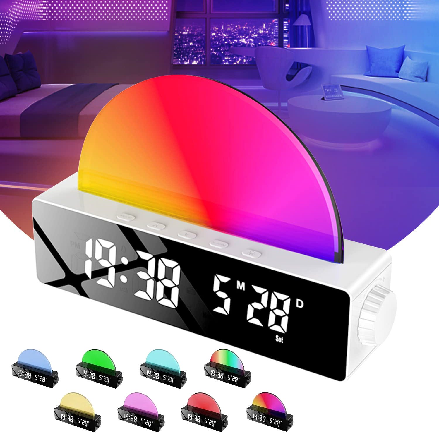 Lámpara de noche con despertador Sunrise, reloj con espejo Digital con luz  cambiante de 8 colores, 0-100% regulable, monitor de temperatura