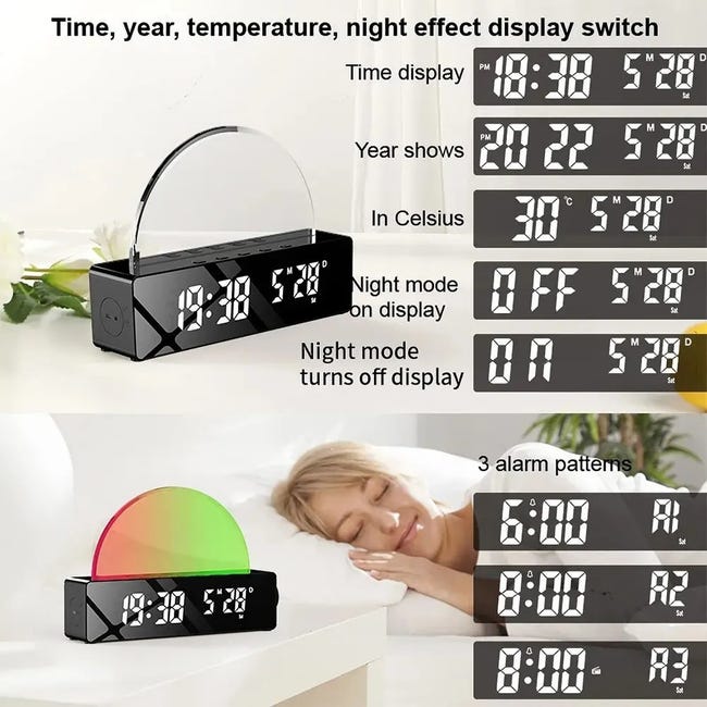 Reloj despertador Sunrise, lámpara de noche, reloj digital con 8 luces  cambiantes de color, 0%-100% regulable, monitor de temperatura, alarmas  duales