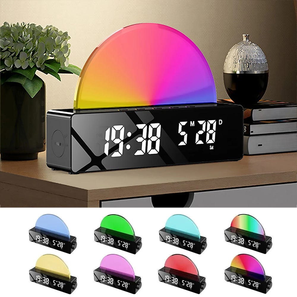 Reloj despertador Sunrise, lámpara de noche, reloj digital con 8 luces  cambiantes de color, 0%-100% regulable, monitor de temperatura, alarmas  duales