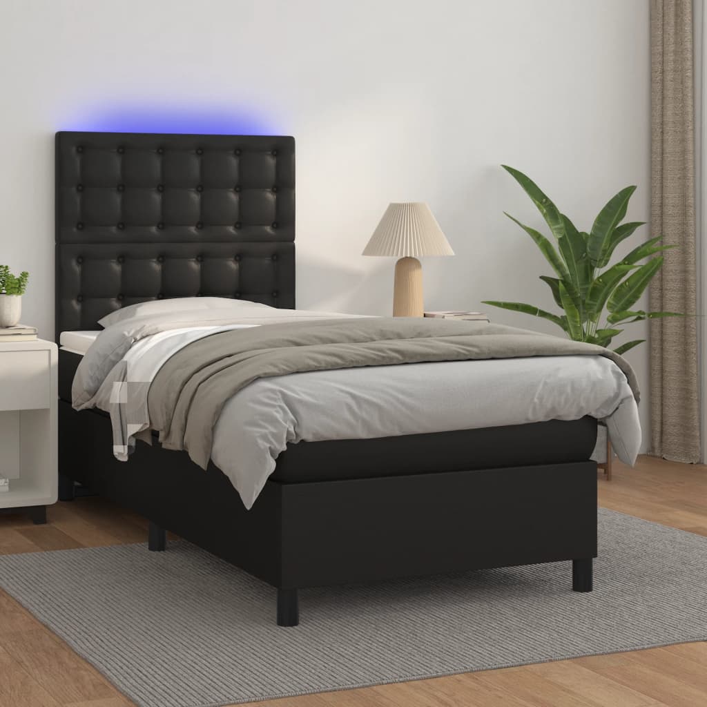 Somier tapizado con colchón y LED Polipiel Negro 90x190 cm