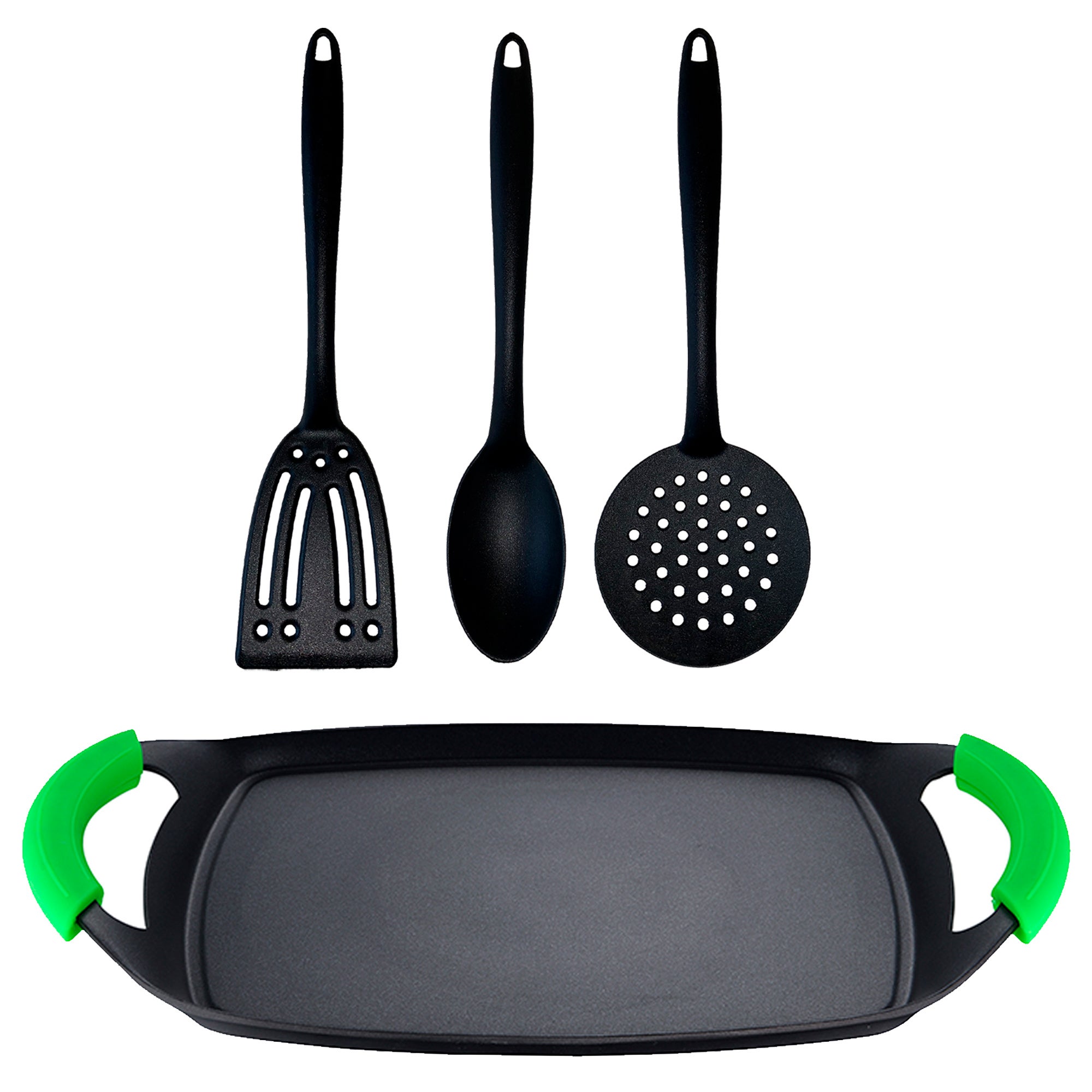 Set de 3 utensilios de cocina + plancha grill/asador aluminio forjado