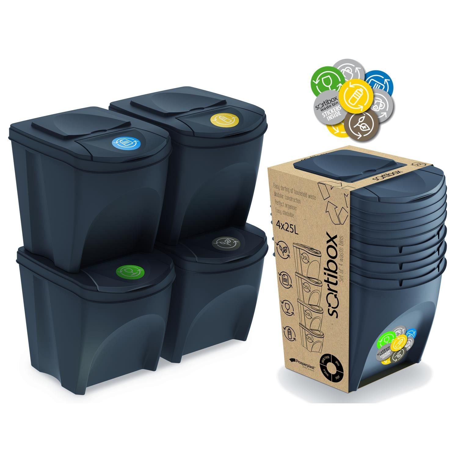 Juego de 4 cubos de reciclaje 100L Prosperplast Sortibox de plastico en color antracita Leroy Merlin