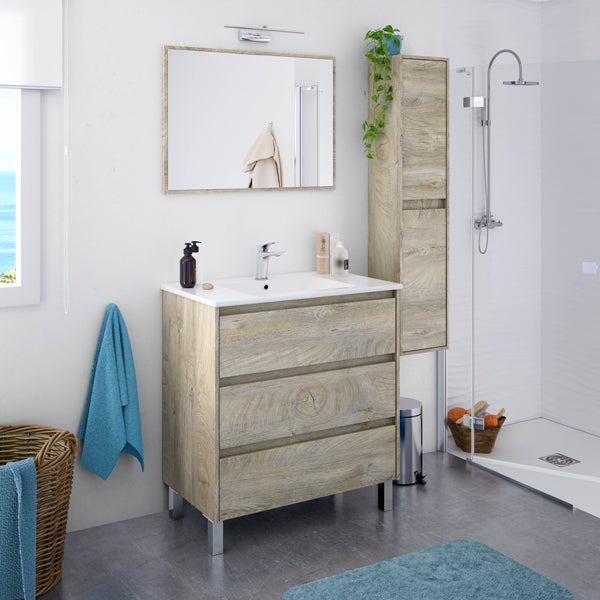 Mobile Bagno 3 Cassetti 80 Cm Con Lavabo Specchio E Colonna Dakota Rovere  Alaska