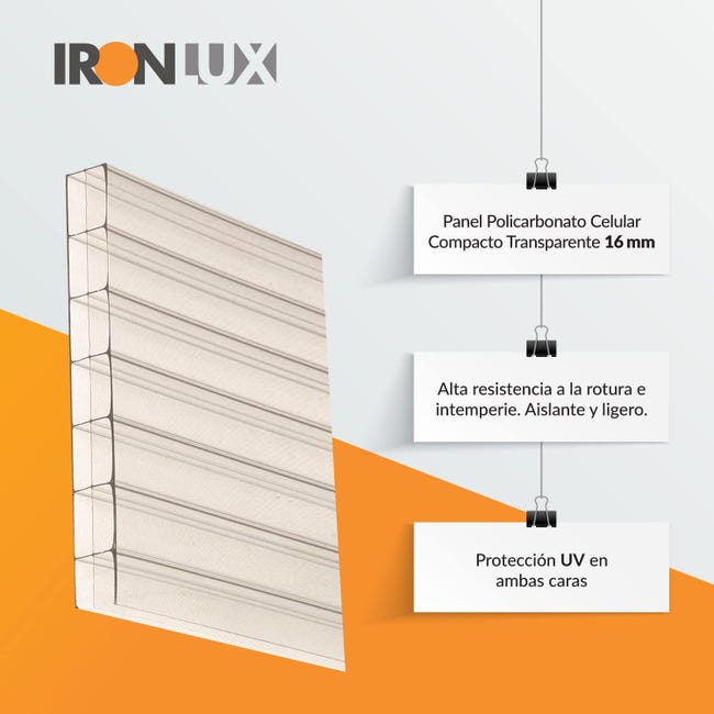 Ironlux - Plancha de policarbonato celular compacto - Placa policarbonato  transparente 10 mm - Plancha de policarbonato 1000 x 525 mm - Protección UV  : : Bricolaje y herramientas