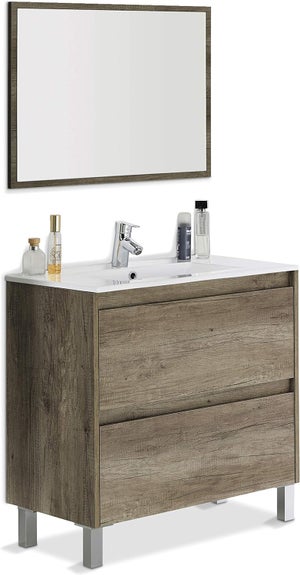 Mueble bajo encimera Dfarago, Mueble de baño, Armario con 2 cajones y  espejo, lavabo no incluido, 80x45h80 cm, Blanco brillante