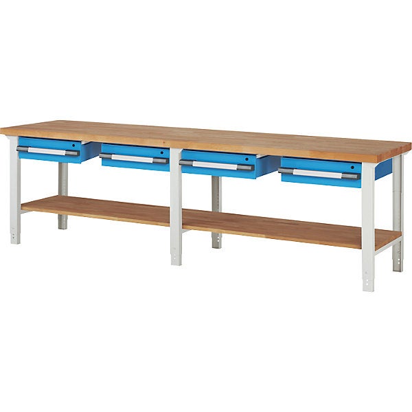 Eurokraft pro, Banco di lavoro, sistema modulare Serie 7, 4 cassetti  pensili, 1 ripiano, largh x prof 3000 x 700 mm