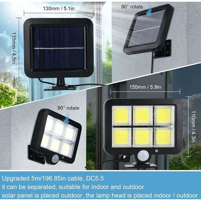 Lampe solaire d'extérieur à 56 LED avec détecteur de mouvement, étanche à  120° IP65 Lampe solaire de jardin avec câble de 5 m [Classe énergétique A++]