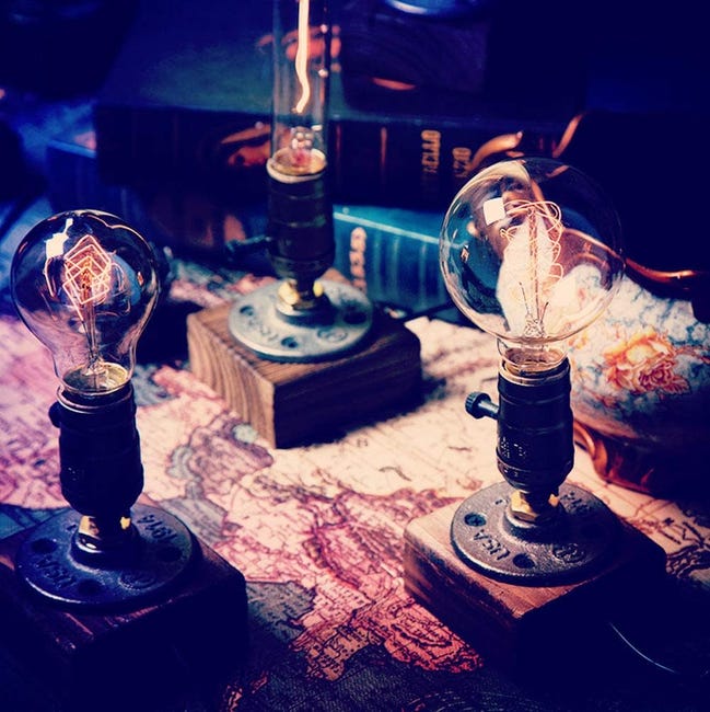Lampe de bureau industrielle Steampunk, lampe de table de style vintage,  ampoule antique E27 Edison, lampes rétro en fer avec base en bois m