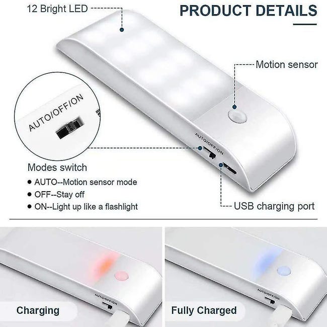 Veilleuse LED Automatique, Lampe Detecteur de Mouvement Interieur, Lumiere  Autocollante USB Pile Rechargeable, LED Sans Fil (