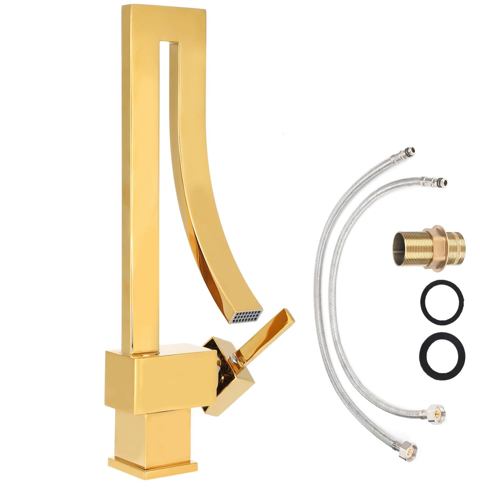 Rubinetto Lavabo A Cascata Alto - Miscelatore Oro Ottone Per Bagno | Doppia Uscita Acqua Calda/Fredda