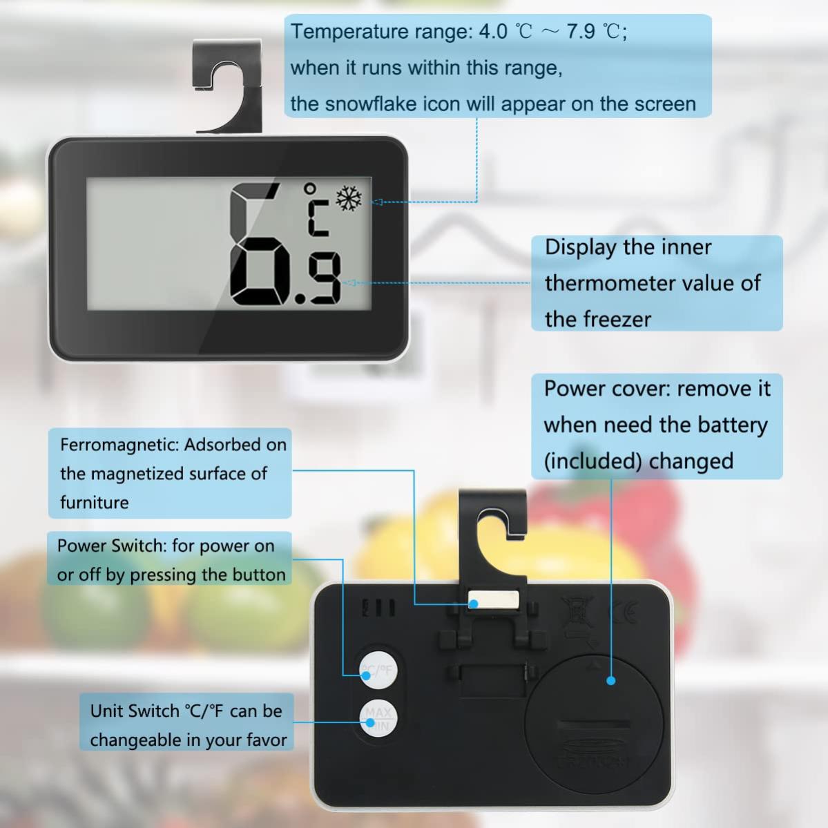 Termometro Per Congelatore E Frigorifero – 8 Pezzi In Acciaio Inox, Con Gancio E Supporto, Scala -30/+30°C - Foto 4