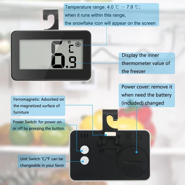 Termometro Per Congelatore E Frigorifero – 8 Pezzi In Acciaio Inox, Con Gancio E Supporto, Scala -30/+30°C - Foto 4