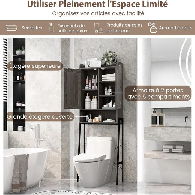 Meuble WC Au-Dessus de Toilettes avec 2 Portes, Étagères Réglables, 63 x 25  x 170 cm, Couleur Bois
