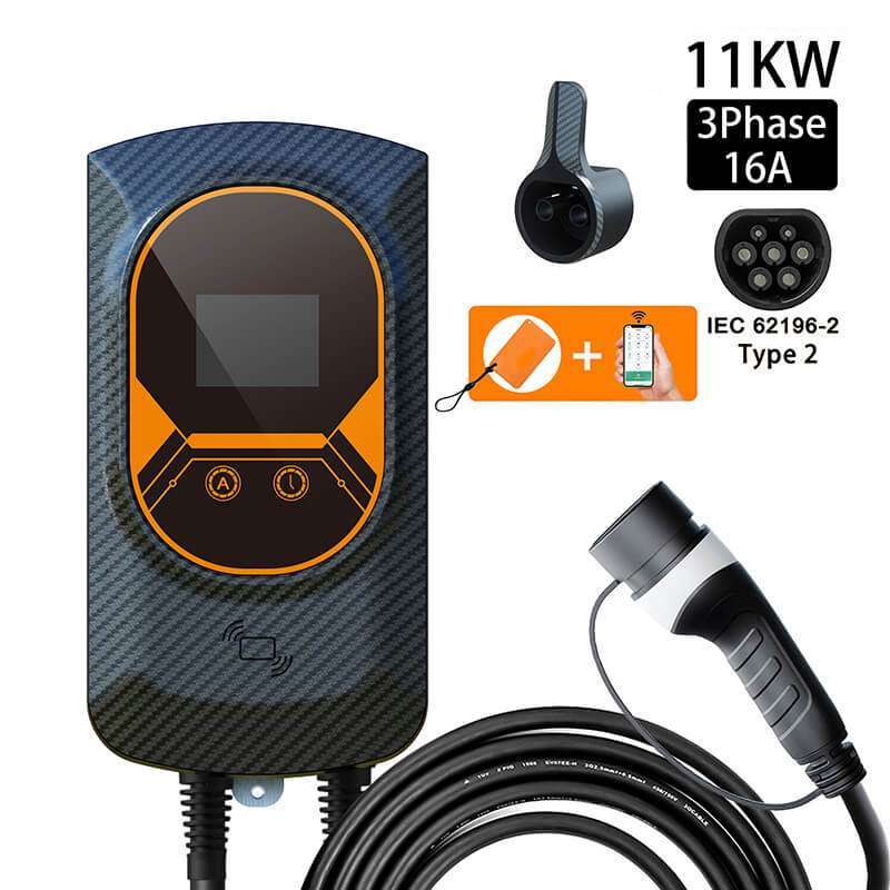 Borne de recharge connectée triphasé 11 kW 16A Prise T2 Noir/Orange Fixation murale, TecKo