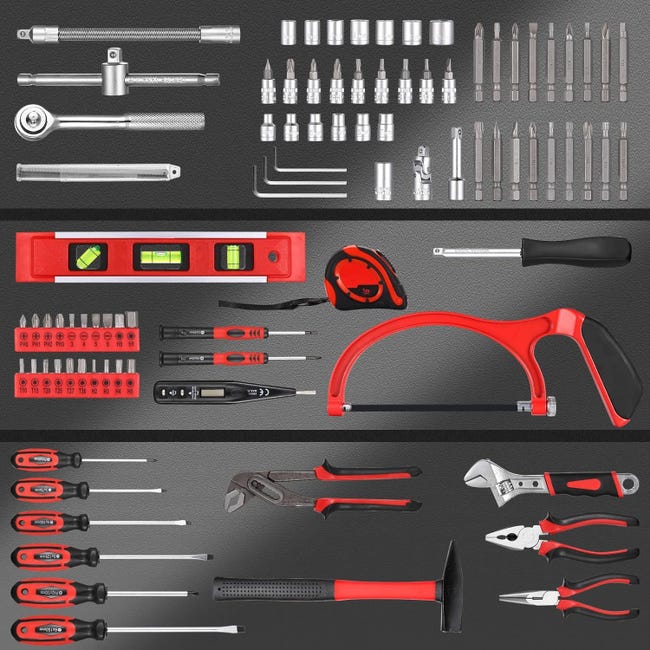 Boîte à outils, 89 pièces Ensemble d'outils complets, outils de bricolage,  jeu de tournevis de précision, marteau, pinces, scie en alliage - MTH200