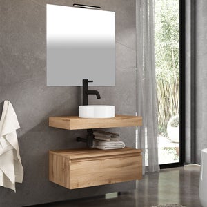 Mueble de baño 80 cm 2 cajones - Roble y negro - Lavabo redondo - Espejo  negro Led - OMEGA