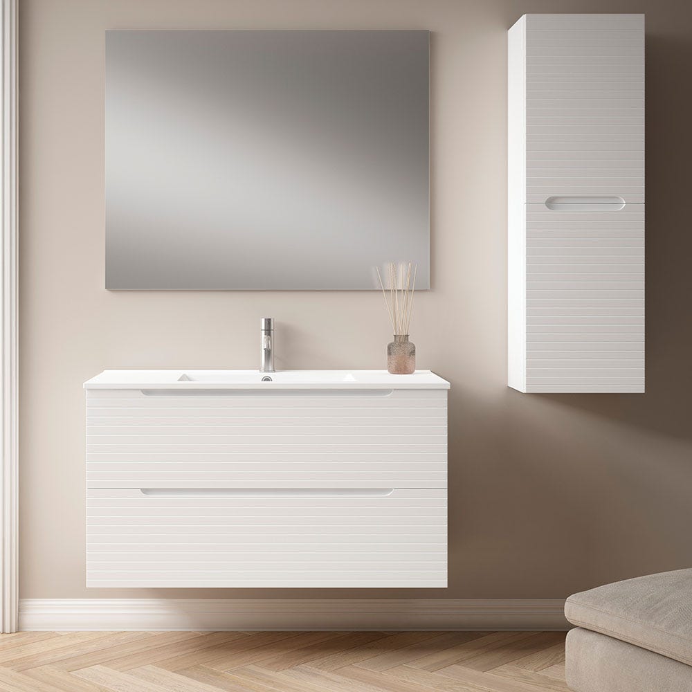 Mueble de baño con Lavabo, Espejo y Aplique LED, mod. BOREAL 80x45 cm  acabado Blanco mate 2 cajones suspendido