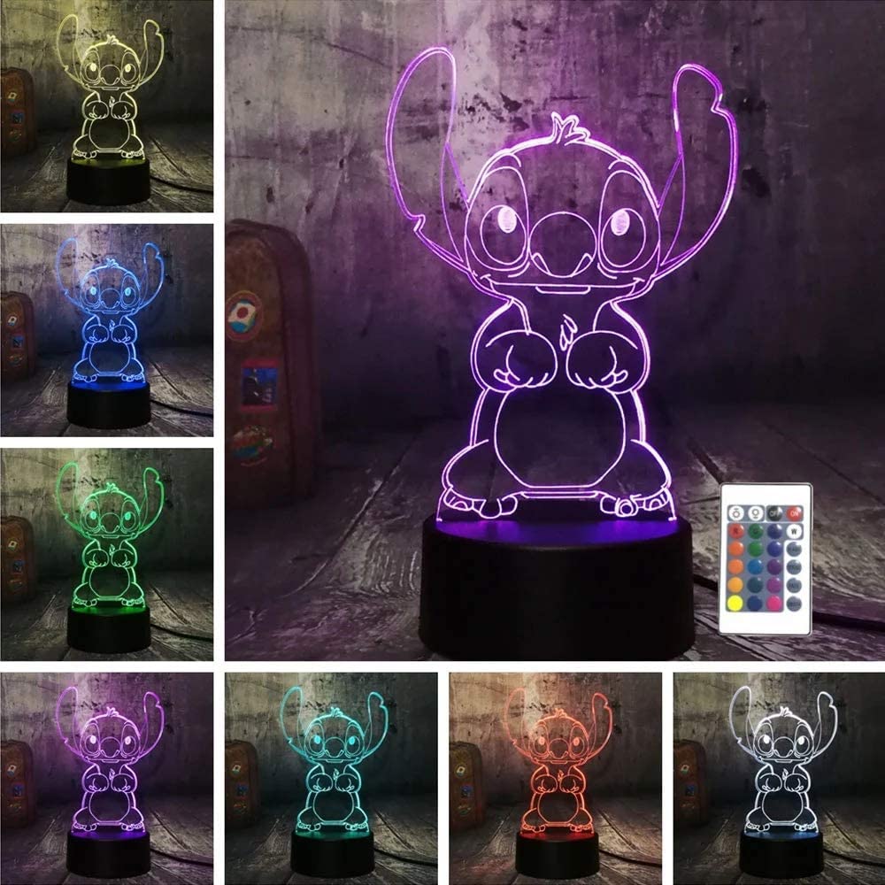 Veilleuse Stitch, LED 3D 16 couleurs avec télécommande, lampe de table pour  cadeaux de Noël, décoration de chambre d'enfant, cadeaux de vacances