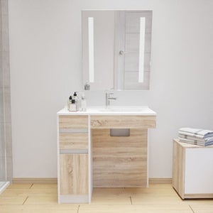 Meuble salle de bain KLASS 100 cm avec vasque à poser et Miroir LED - Blanc  et Bois