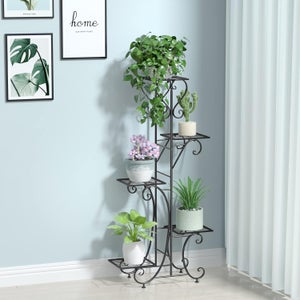 Outsunny Support pour plantes étagère à fleurs à 4 niveaux en bambou et  métal pour extérieur intérieur 28 x 28 x 80 cm blanc