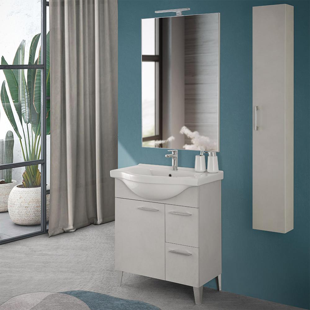 Mobile bagno a terra 80 cm con tre cassetti rovere scuro con lavabo in resina e specchio - Libras