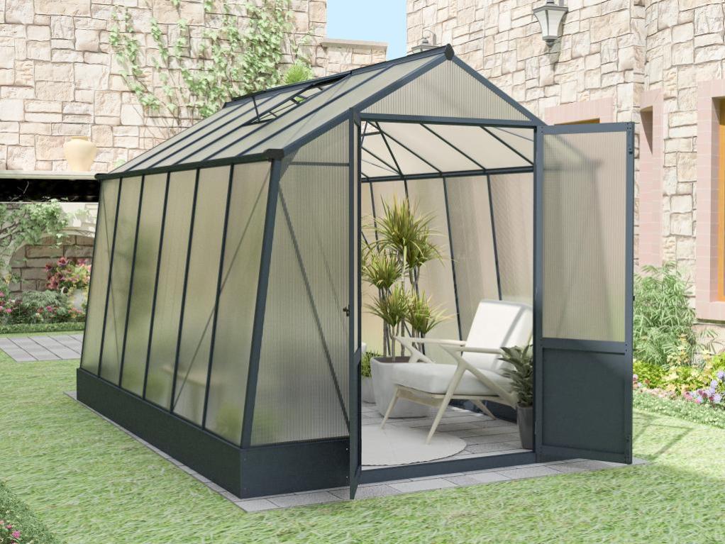Serre de jardin en polycarbonate 9,1 m² avec embase - Anthracite