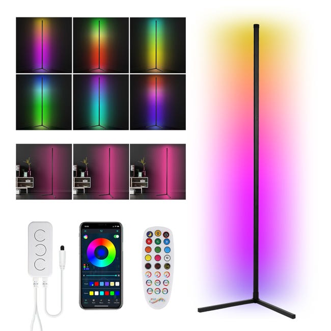 Lampadaire LED RGB, D'angle Lampe Couleurs Réglable, avec Télécommande et  APP Contrôle, Multicolore Eclairage LED, 156CM