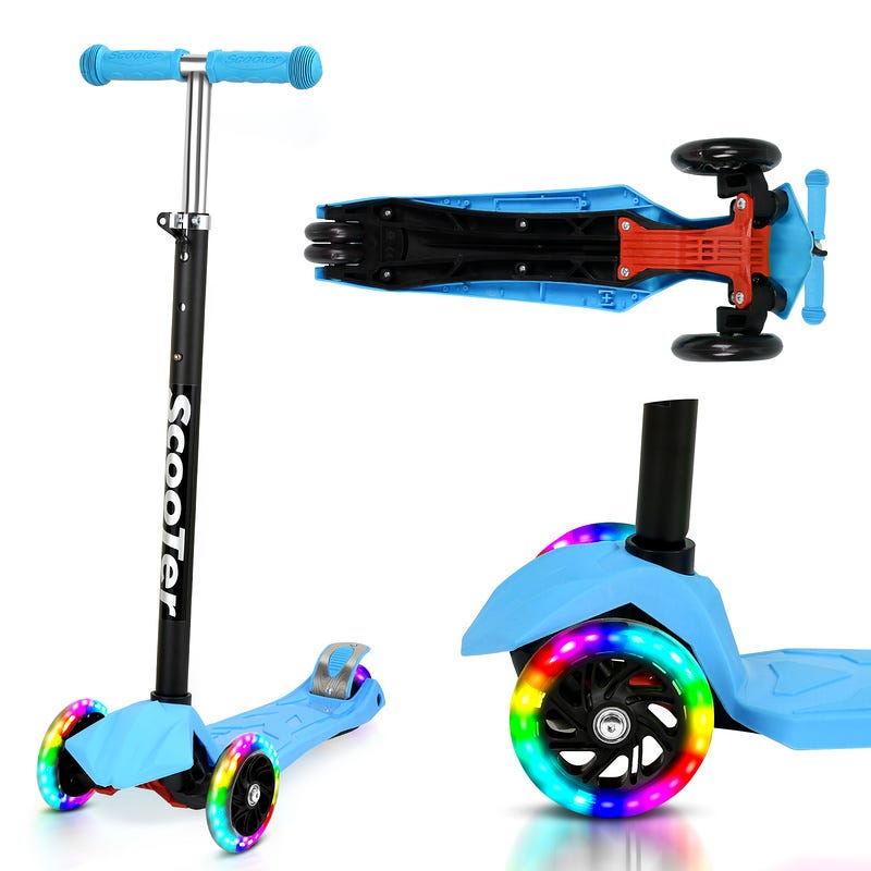 Trottinette pour enfants avec 3 LED Roues Lumineuses Scooter Kickscooter &  réglable en hauteur bleu