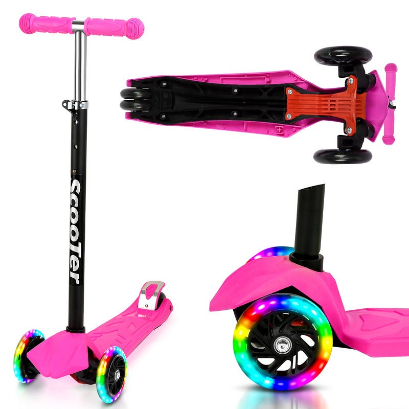 Trottinette Scooter à 3 LED Roues Lumineuse Hauteur Réglable Plateau  Antidérapant rosa Enfant 3-12 Ans