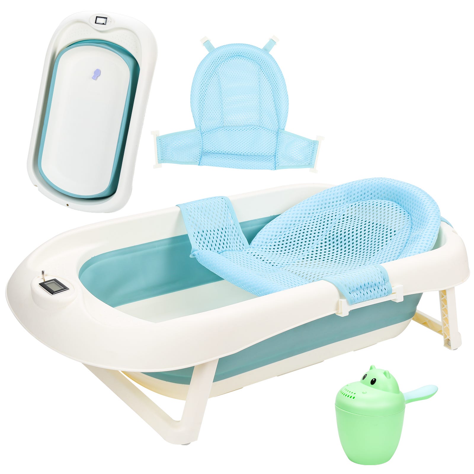 Baignoire Bébé Pliable Baignoire Bébé Ergonomique avec Pieds Antidérapants  pour Bébés et Nouveau-nés (Bleu+ Coussin de bain)