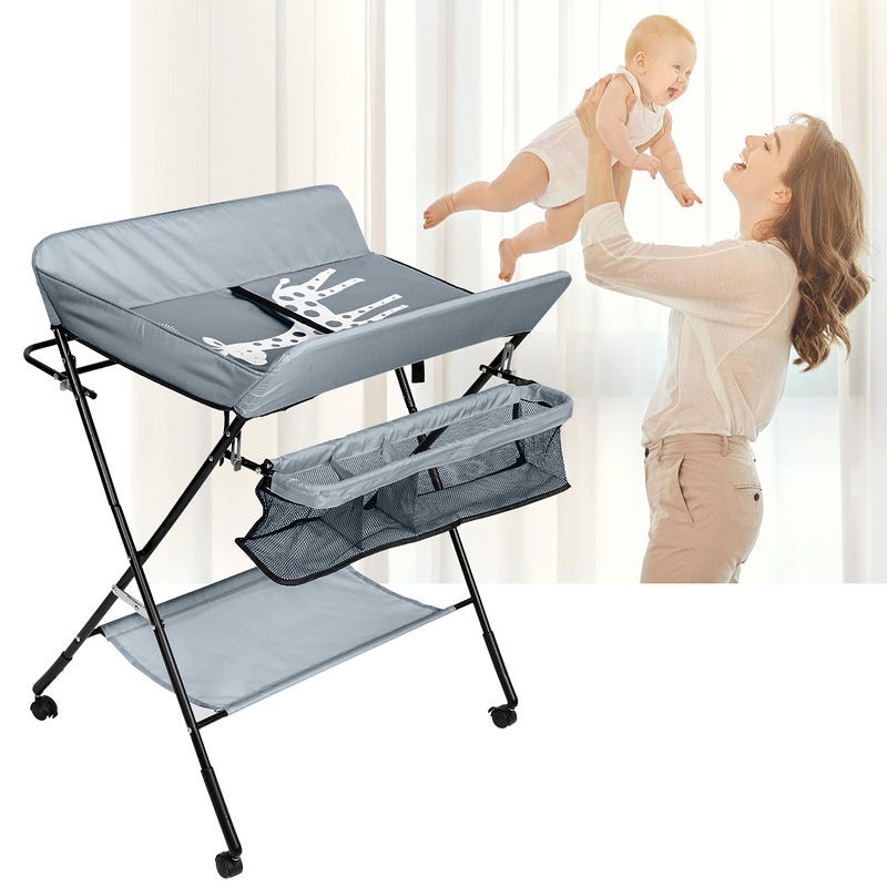 Table à langer pliable pour bébé, Étagère à langer Combinaison à langer  Réglable en hauteur avec panier de rangement Gris foncé