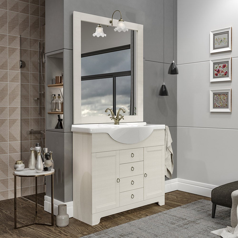 Mobile bagno a terra 85 cm noce con lavabo specchio e lampada Romantica