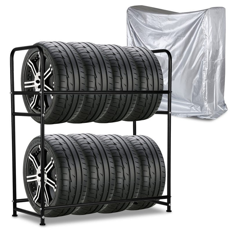 Étagère à pneus en fer Porte-pneu Support de pneus solide - Étagère du  rangement des 8 pneus durable et robuste 107 x 46 x 117 cm, Noir