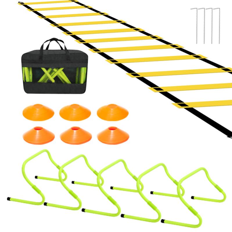 Kit Entraînement Football : échelle 6 M, 8 Cônes, Parachute, Corde, 5 Bandes