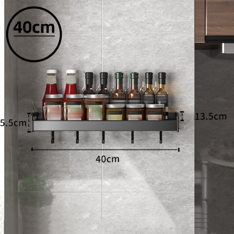 Étagère murale de rangement pour cuisine sans perçage - Double niveau -  Range-épices multifonctionnel - avec 5 crochets et barre pour chiffons -  40cm