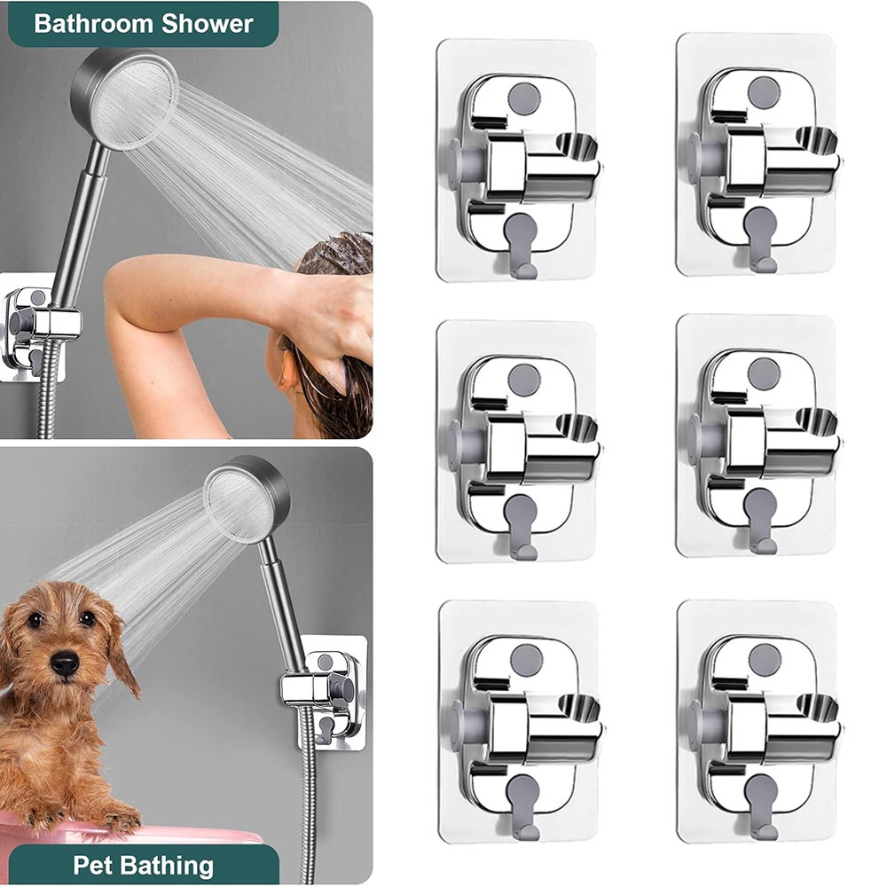6 Support de pomme de douche adhésif, supports de pomme de douche à main  avec crochet de suspension, support de douche à main réglable sans perçage