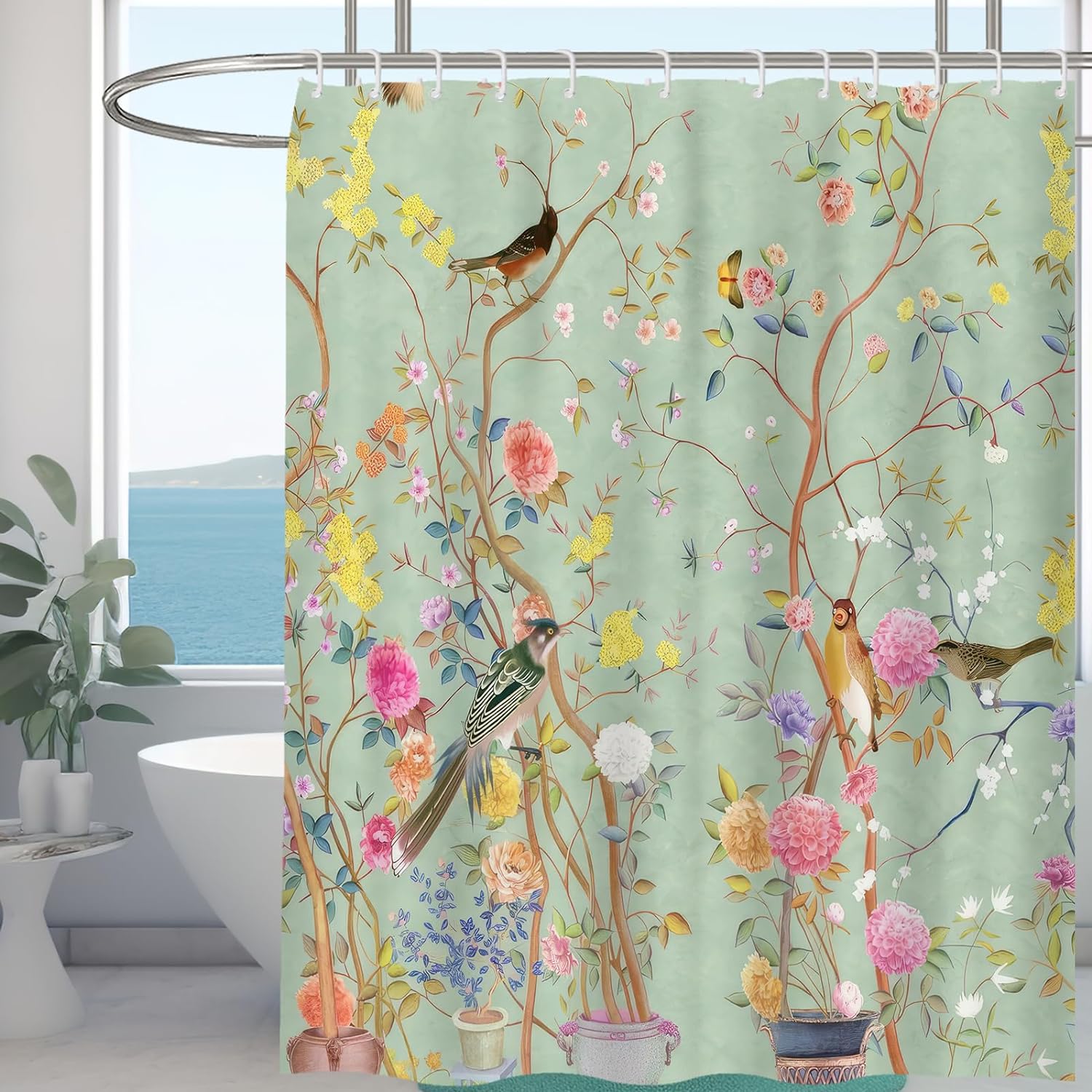Rideau de douche résistant à la moisissure, imperméable à l'humidité, rideau  de douche avec 12 crochets, 180 x 180 cm (fleur d'oiseau papillon)