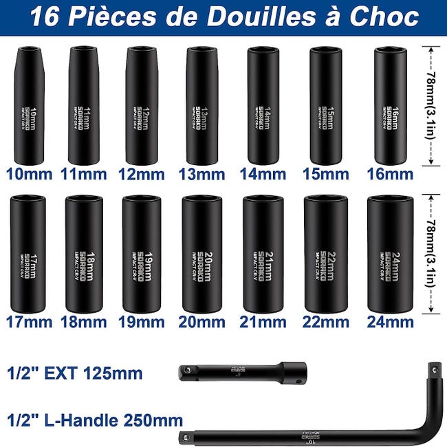 11 Pièces Douille a Choc 1/2, 10-24mm Coffret Douille Longue