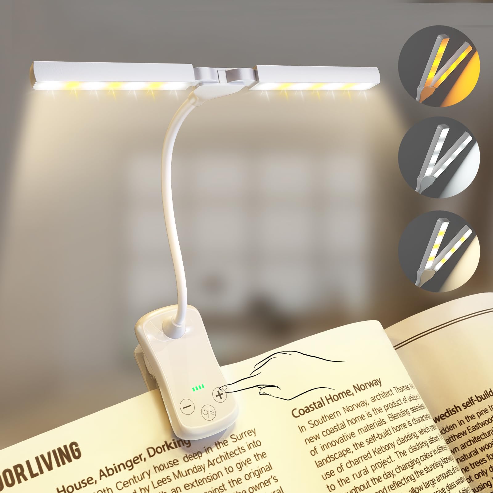 Lampada da lettura, 14 LED Touch Control con 3 colori e 8 luminosità, Lampada  da lettura ricaricabile, Luci da lettura portatili per libri