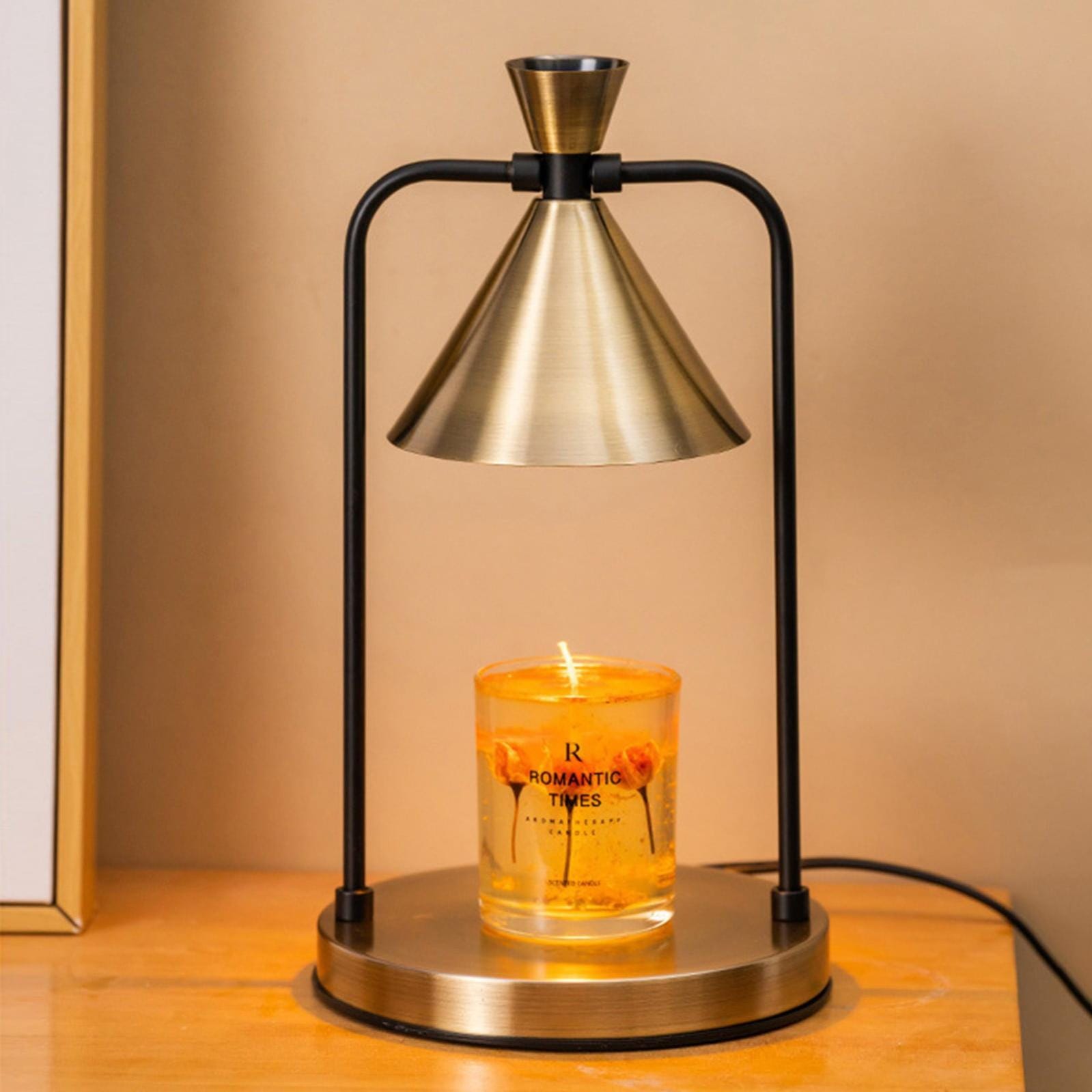 Electric candle warmer lamp above a jar candle — safety and setup reference Electric candle warmer lamp with a metal shade positioned over a glass candle jar