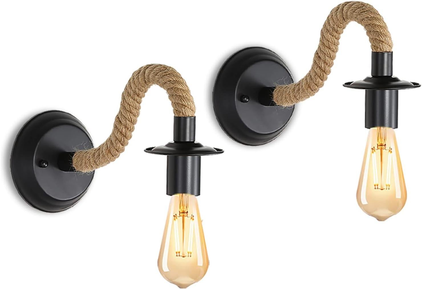 2Packs Applique Murale Vintage, Lampe Murale Corde de Chanvre, E27