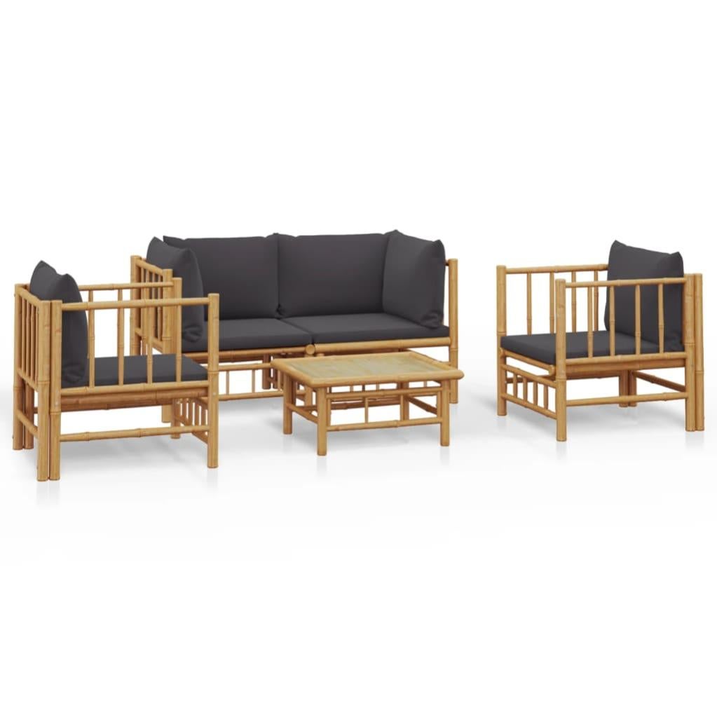 VidaXL Set Divani Da Giardino In Bambù 2 Pezzi Con Cuscini Grigio Scuro - Angolare Modulare - 4