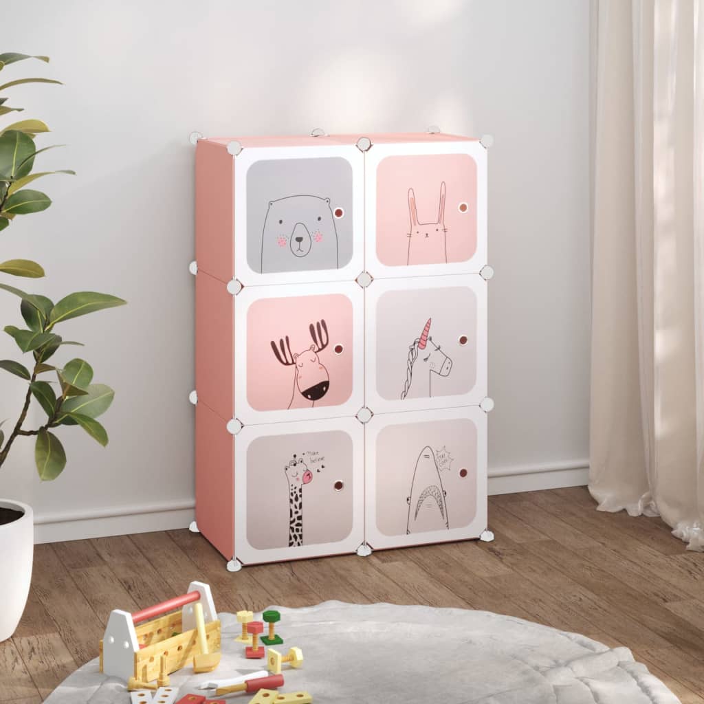 Armario de almacenamiento infantil con 6 cubos PP rosa